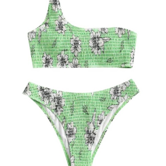Floral green padded smocked one shoulder high waist bikini Sz M - Picture 4 of 5